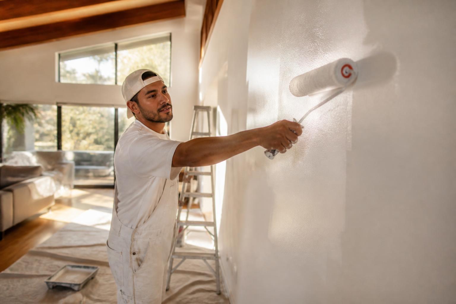 Aguinaldo rolling a premium white emulsion onto a sun-filled living room wall